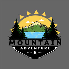 vector illustration of a mountain landscape with trees, emblem logo