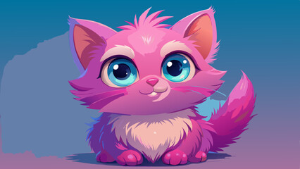 Adorable Pink Kitten with Big Blue Eyes Cartoon Illustration