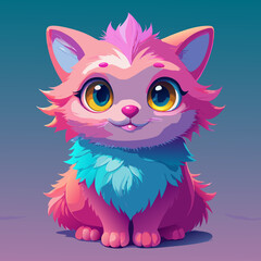 Adorable Pink and Teal Fantasy Kitten Illustration