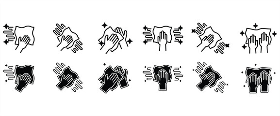 Detailed flat icon set featuring various movements of equipment. Cleaning cloth icon set. Cleaning cloth symbol. Household appliances sign. Vector illustration on transparent background. Icon Set