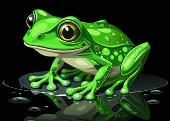 Vibrant Green Frog Sitting on a Lily Pad at Night