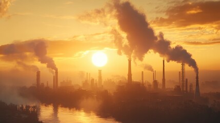 Obraz premium Factory smokestacks releasing steam against a sunset backdrop.