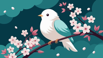 White Bird Perched on Branch with Blooming Cherry Blossoms