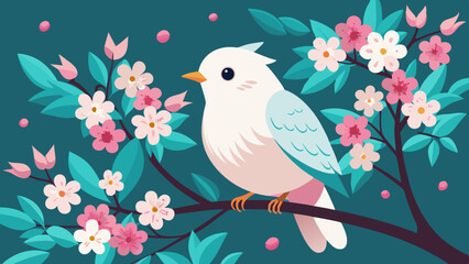 Cute Pastel Bird Perched on a Blooming Spring Branch