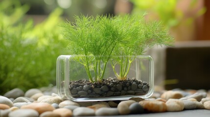 Fresh dill herb growing alone in a glass container filled with soil and pebbles.