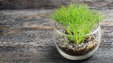 Fresh dill herb growing alone in a glass container filled with soil and pebbles.