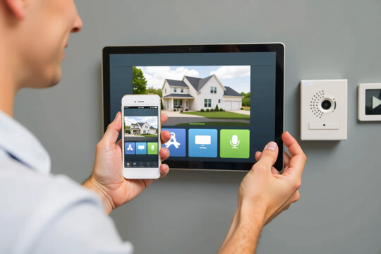 Man Confidently Interacting with Smart Home Security System using Phone and Tablet for Home Automation - Powered by Adobe