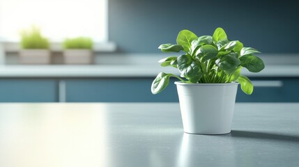 Fresh spinach leaves emerging from a small white pot on a clean kitchen counter.