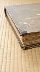 A weathered book with its pages torn out, revealing frayed edges and a faded cover, resting on a rustic wooden table, evoking a sense of loss.