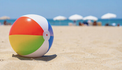  Inflatable Colorful Beach Ball on Sandy Seaside Background