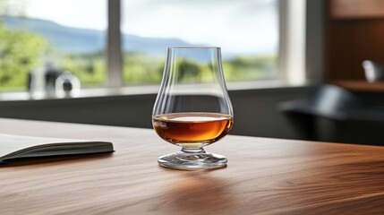 Glass of scotch whiskey on a wooden counter with dramatic lighting in a dram shop