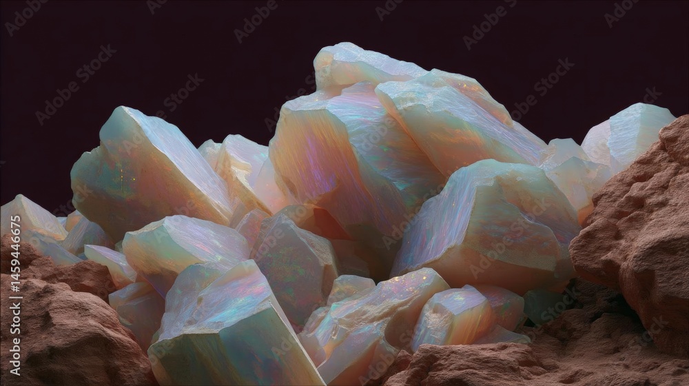 Poster close-up of a cluster of opal crystals. the crystals are of different sizes and shapes, with some be