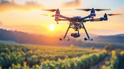 Industrial drone inspecting a solar panel field from above.