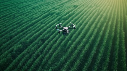 Industrial drone inspecting a solar panel field from above.