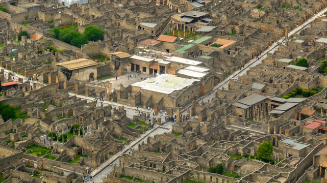 Aerial view of the ruins of Stabian Baths located in Pompeii town. The archaeological park is located in the province of Naples, Campania, Italy.