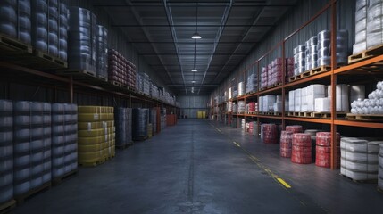 Massive warehouse with shelves stacked full of industrial goods and equipment.