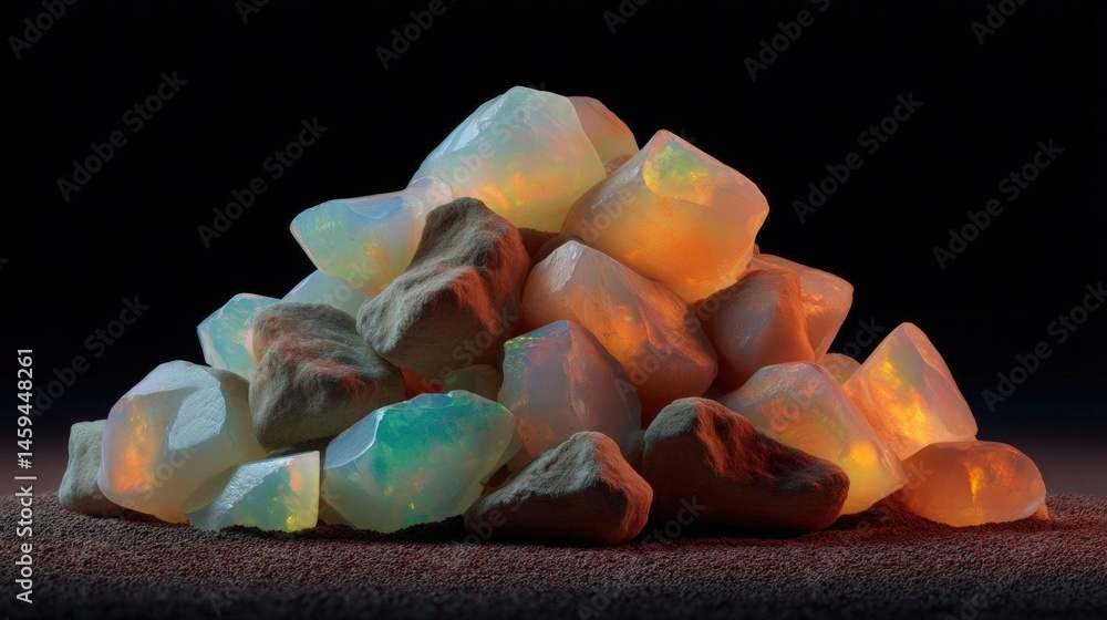 Poster pile of small rocks or stones on a dark background. the rocks are of different sizes and shapes, wit