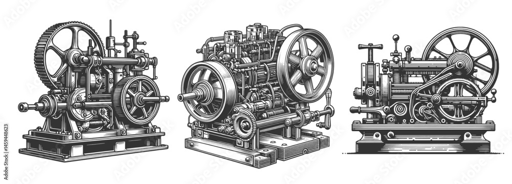 Poster industrial engines and machinery set collection bundle sketch engraving generative ai vector illustr