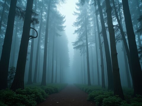 Foggy trail through a dense forest of tall trees