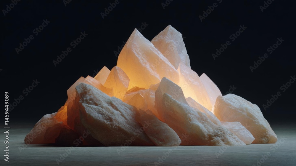 Poster photograph of a group of crystals arranged in a pyramid-like formation. the crystals are of differen