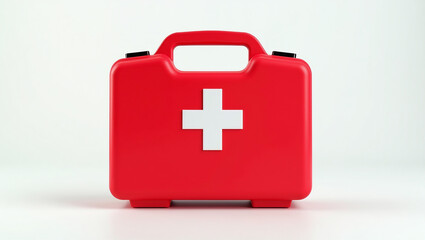 Obraz premium Bright red first aid kit with clean lines and modern design. The background is pure white