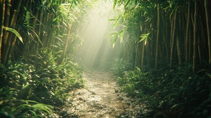 Sunlight filters through a dense bamboo forest.  A misty path winds into the depths of the jungle. Lush vegetation and towering bamboo surround the narrow trail