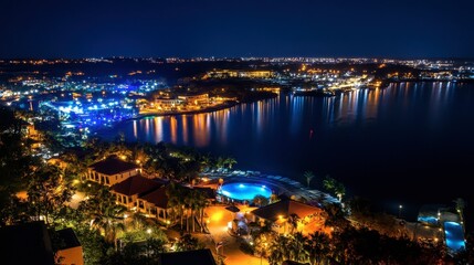 Night view of industrial zone illuminated with orange and blue lights.