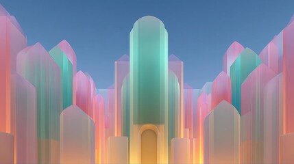 Abstract digital illustration of a cityscape with tall buildings. the buildings are made up of different shades of pink, orange, and blue, creating a gradient effect.