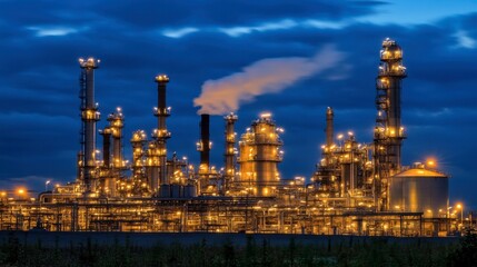 Oil refinery with multiple pipes and towers lit at night, emitting vapor.