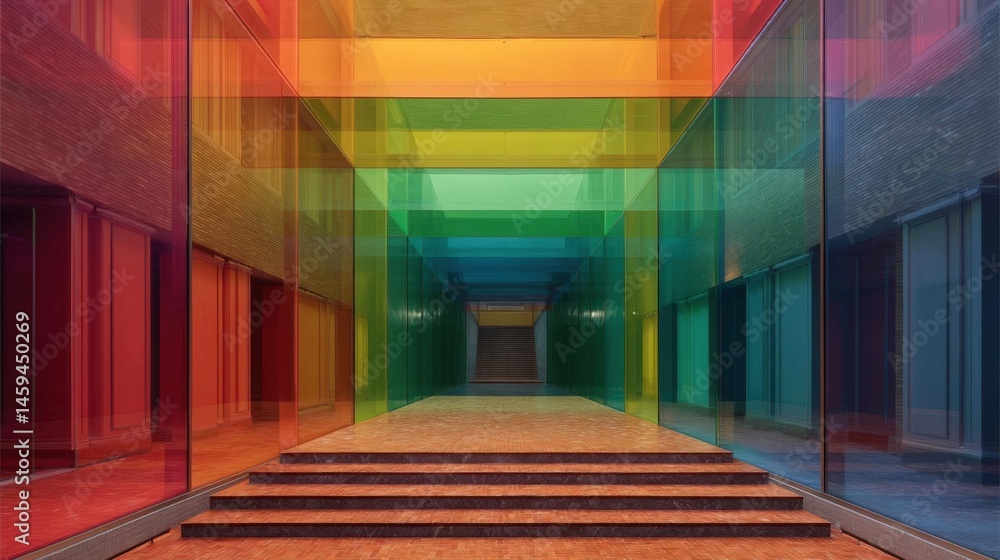 Poster long corridor with a staircase in the center. the corridor is made up of multiple layers of colorful