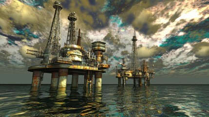 Oil rigs standing tall in the sea under cloudy skies.