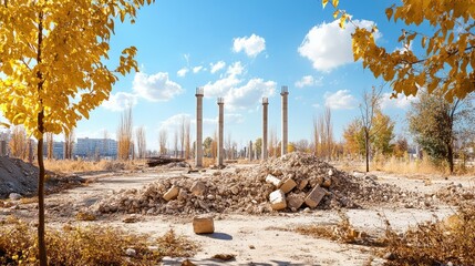 Dusty heap of crushed concrete surrounded by a skeletal remains of a construction site