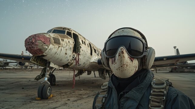 Silent Abandoned Aircraft Graveyard with Pilot in Mask and Dirty Vintage Plane in Background