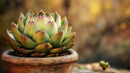 One artichoke plant in early stages, planted in a clay pot, photographed in natural light.
