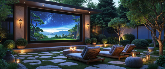 Luxurious outdoor entertainment space with large screen displaying serene landscape
