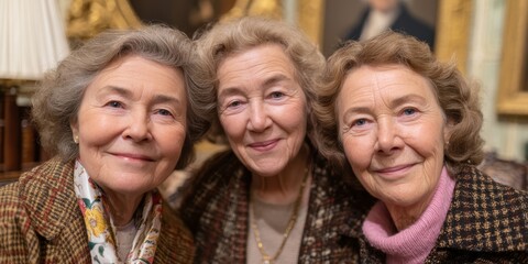 Fototapeta premium Three older women are posing for a picture together
