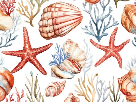 Beautiful vector seamless underwater pattern with watercolor sea life coral shell and starfish Stock illustration