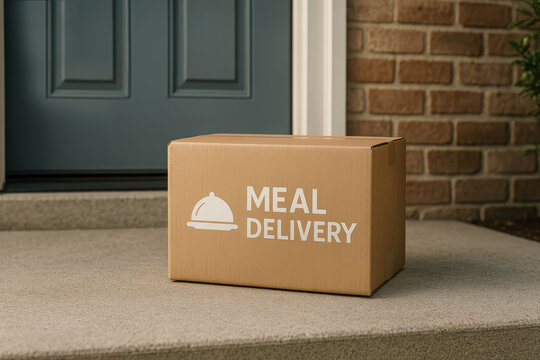 Cardboard meal delivery box with food tray icon on doorstep of suburban house, contactless service during daytime