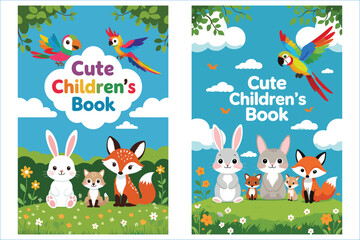 Obraz premium Cute Childrens Book Cover Design Set Featuring Animals Parrots Rabbits Foxes