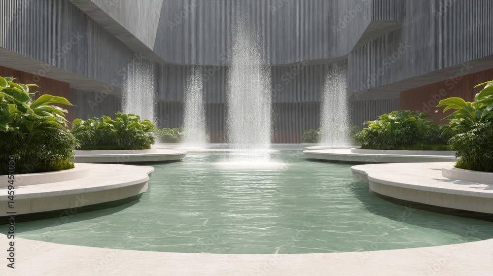 Poster beautiful fountain in the middle of a modern building. the fountain is located in the center of the 