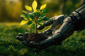 Robot hands holding tree in futuristic nature harmony