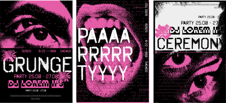 Kit of 3 flyers at the bitmap style. Acid pink colors with black and white. Sream mouth with eyes. Vector zine Poster collage templates