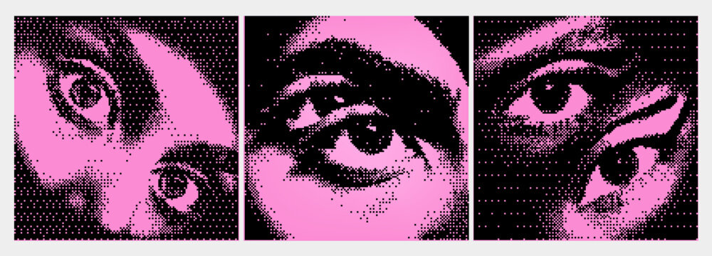 Kit of 3 square ig post template at the bitmap style. Acid pink colors with black and white. Psychodelic eyes. Vector zine Poster emo templates