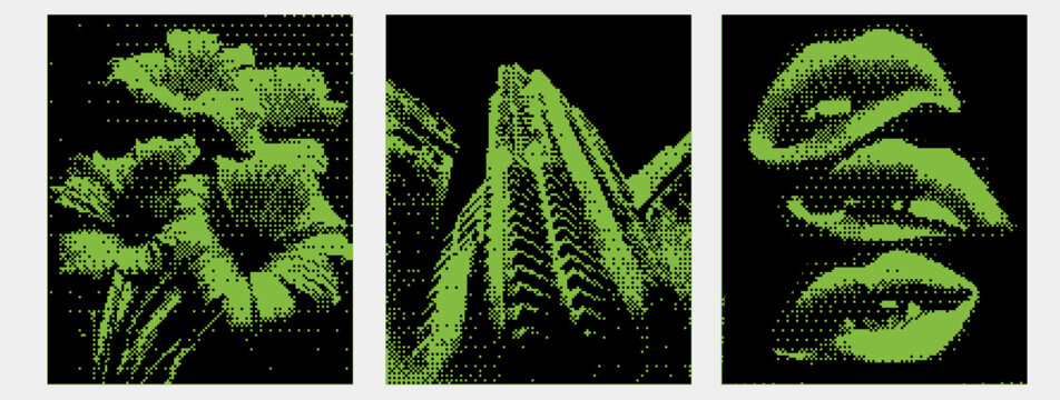3 pixel backgrounds with bitmap style. Halftone dada zine. Dadaism template poster. Green acid elements. Vector retro y2k art