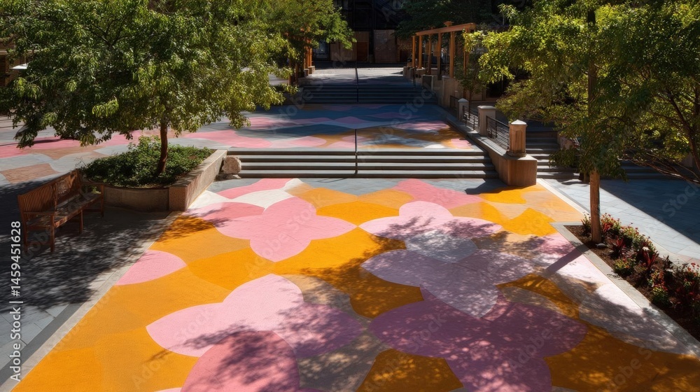 Aufkleber colorful walkway in a park-like setting. the walkway is made up of multiple layers of different colo