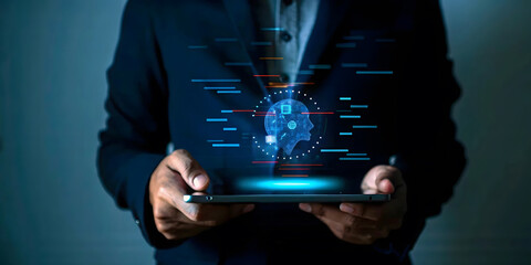 AI Technology Interface Displayed on Tablet by Businessman in Futuristic Digital Concept