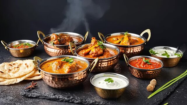 A Delicious Array of Authentic Indian Curries Presented in Traditional Copper Bowls