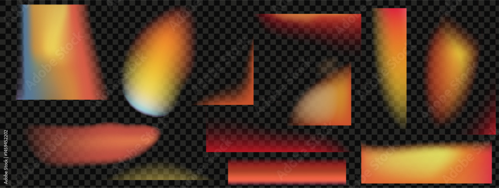 Poster kit of flim lights.overlay leaks effect. gradient bg filters with red and orange holo lens bokeh. at