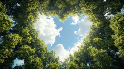 Generative AI, Green forest with heart shape, beautiful landscape with white clouds, environment love planet concept