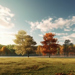 Naklejka premium Vibrant autumn landscape featuring colorful trees beside a tranquil river under a bright blue sky